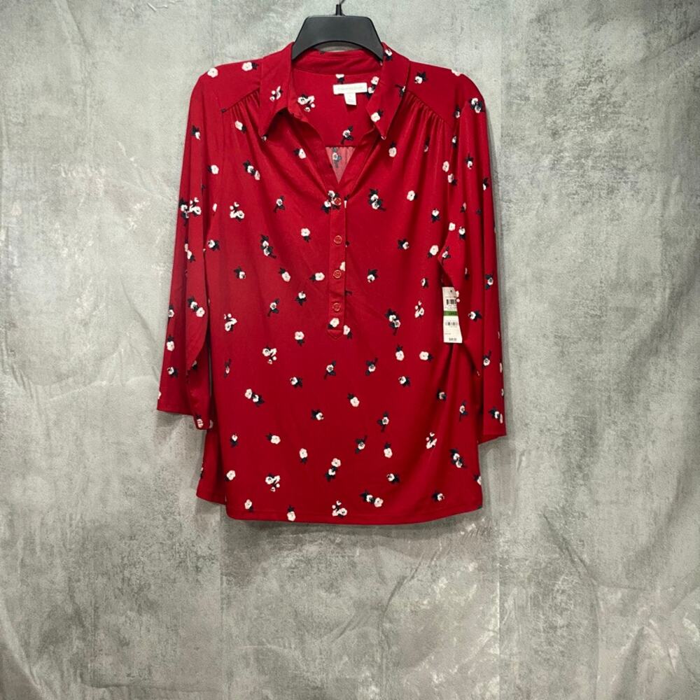 Charter Club Red Flower Print 3/4 Sleeve Polo Top SZ L